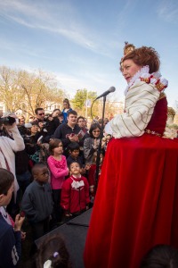 The queen addresses her subjects at Shakespeare's Birthday Open House 2014. Photo by Lloyd Wolf. 
